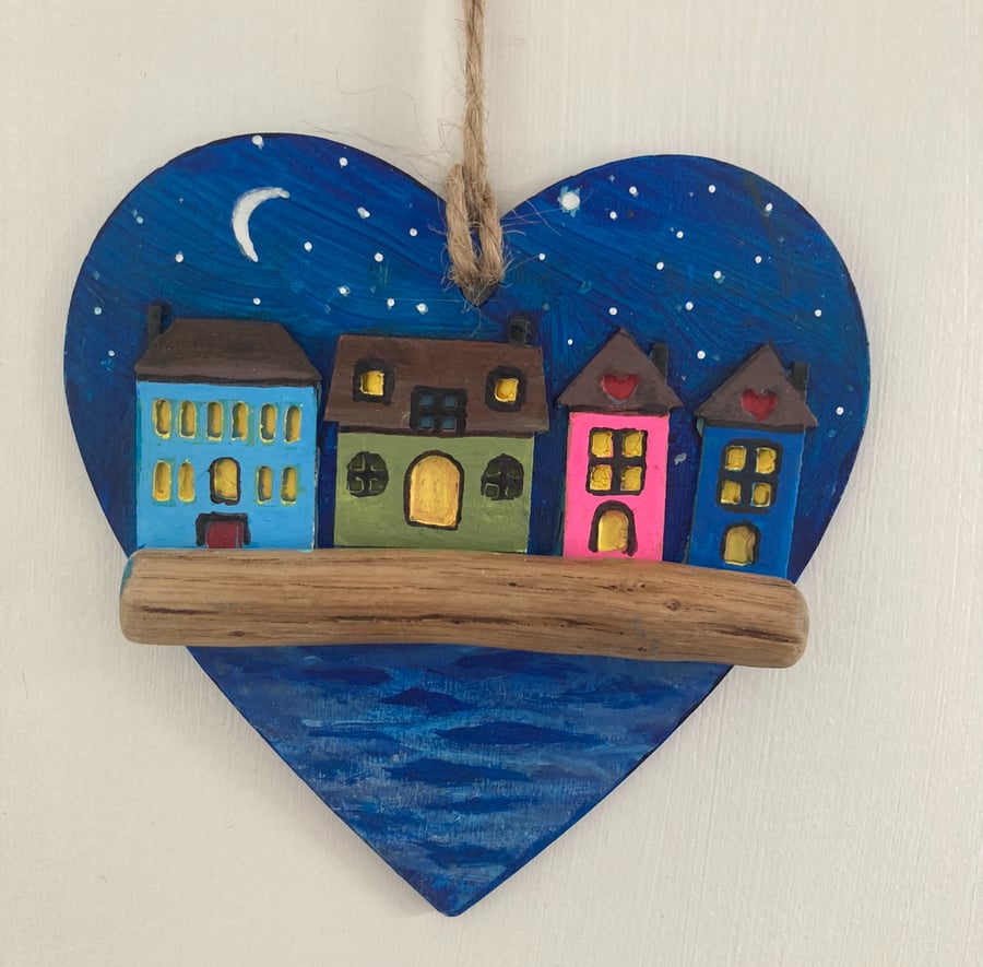 Harbour Lights Hanging Heart Hand Painted Harbour Houses On Driftwood Gift