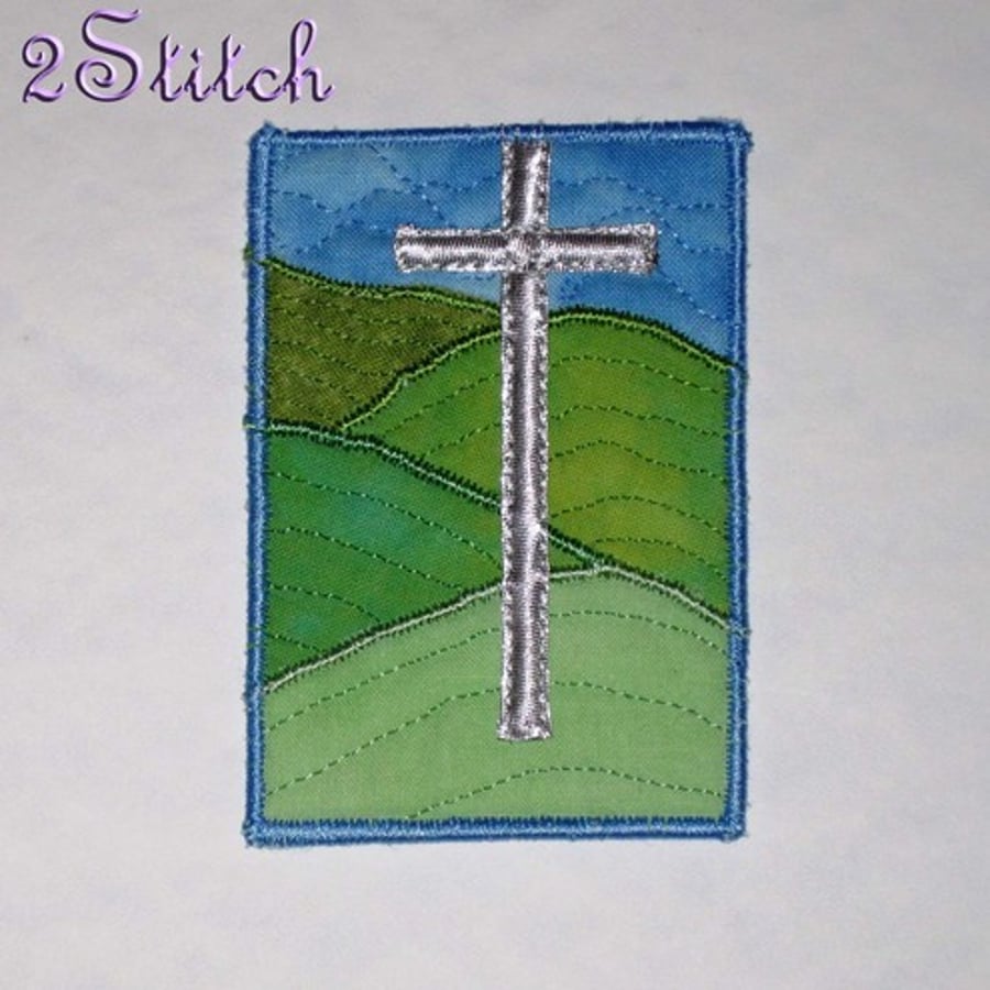 ACEO ‘Cross on the Hill’ - Applique & free-motion quilted artwork