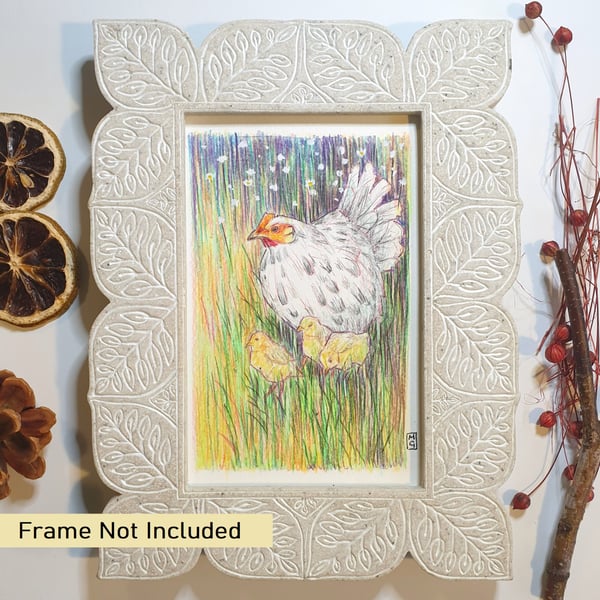 Chicken with chicks letterbox original art gift, small artwork, bird drawing