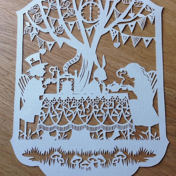 Mad hatters tea party - unframed paper cut - Alice in Wonderland - gift 