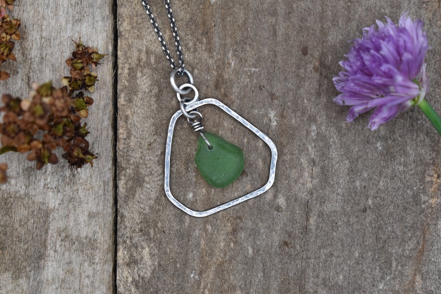 Scottish Sea Glass and Recycled Sterling Silver Necklace, Green
