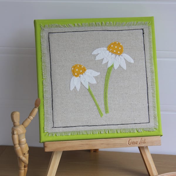 Daisies - Textile Art Picture, Hand Embroidered, Artwork on Canvas, Wall Art