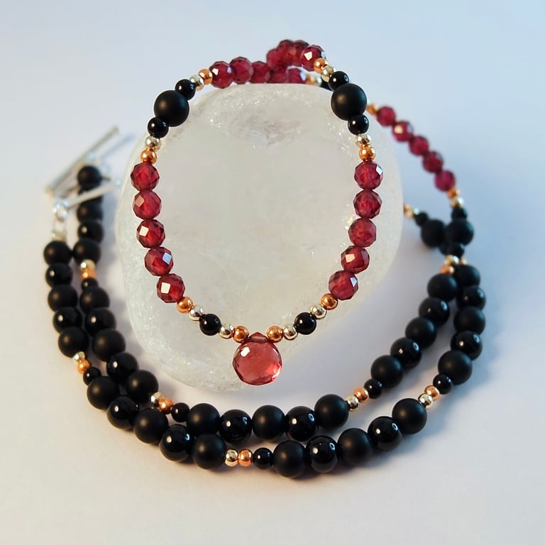 Garnet & Onyx Necklace, January Birthstone, Anniversary, Birthday, Gift For Her