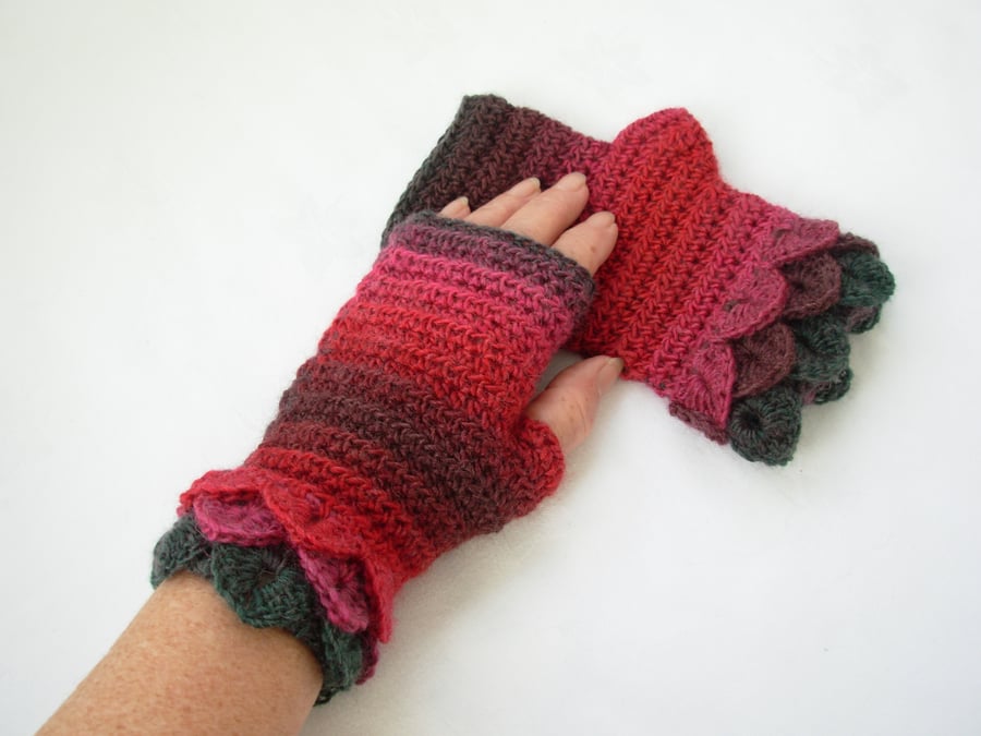 Hand Crochet  Fingerless Mitts Crocodile Stitch Cuffs Adults Red and Green