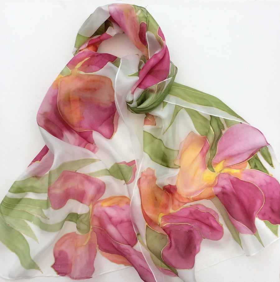 Red Irises hand painted silk scarf