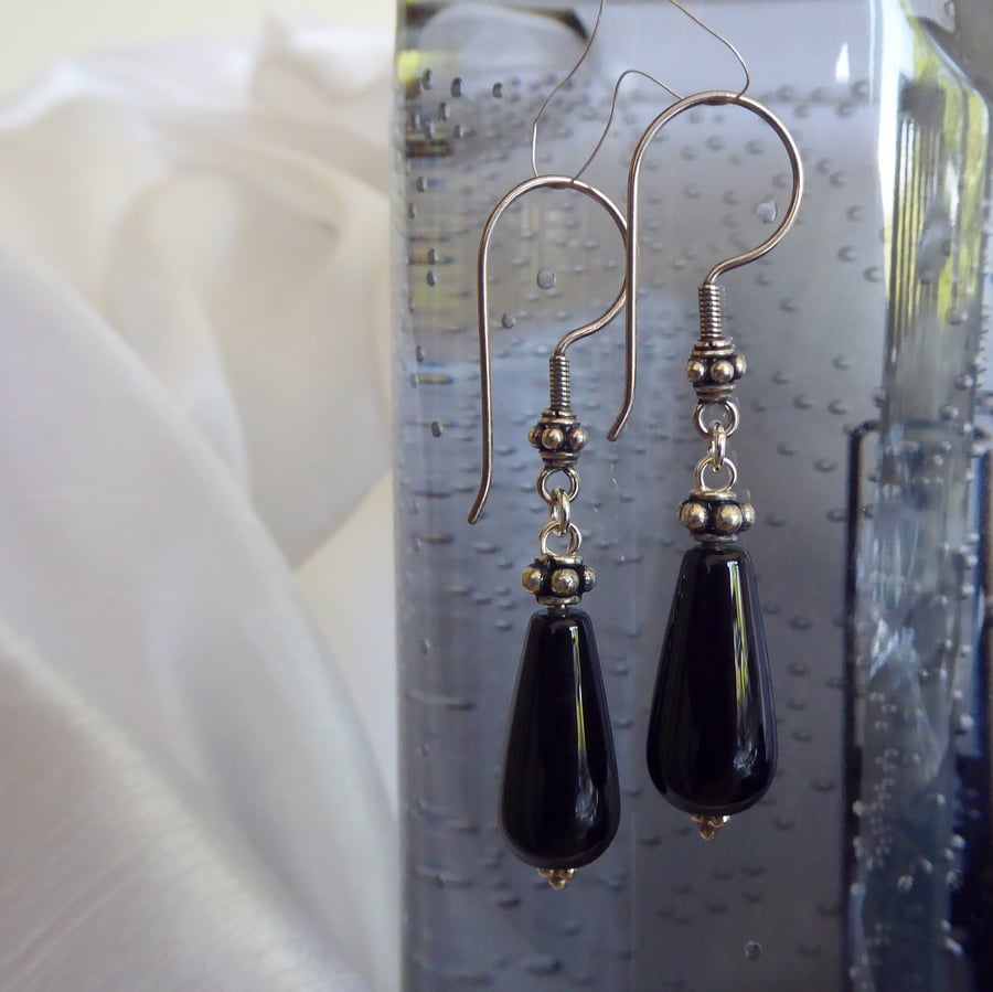 Black Onyx and Sterling Silver Gothic Earrings