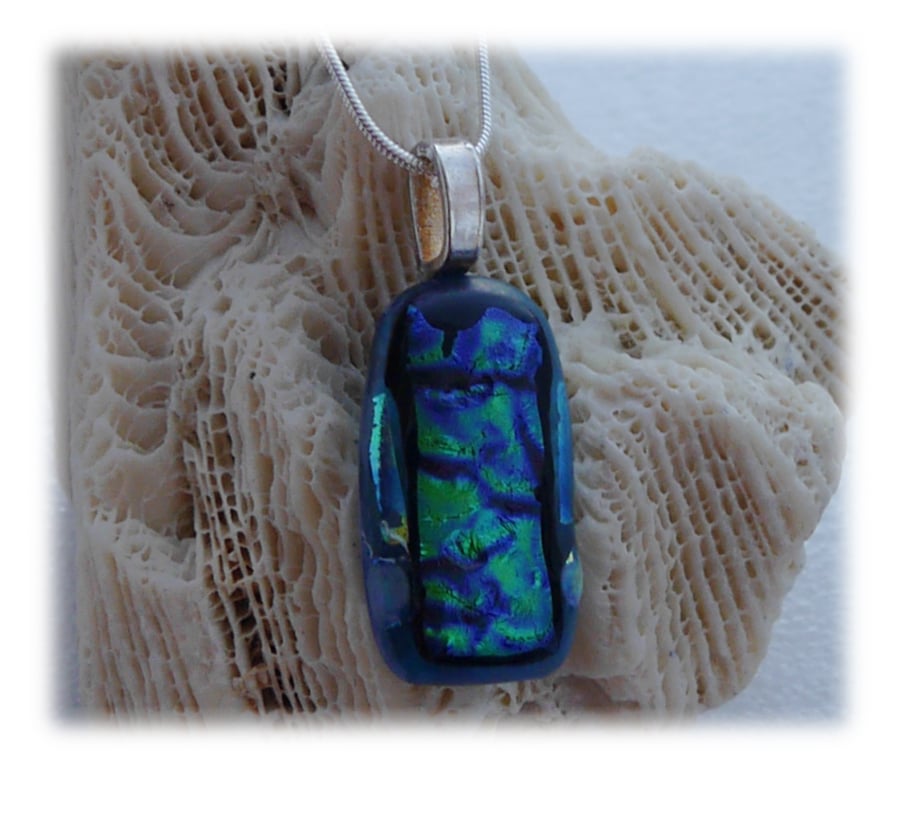 Dichroic Glass Pendant 018 Aqua Rippled Handmade with silver plated chain