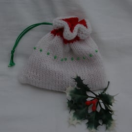 Christmas Gift Bag Hand Knitted in White with a Red Stripe