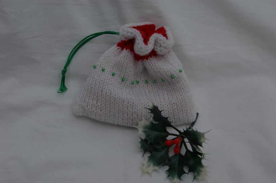 Christmas Gift Bag Hand Knitted in White with a Red Stripe