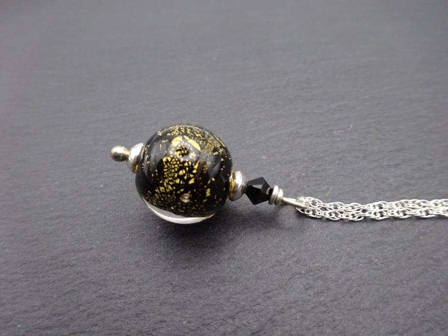 sterling silver chain, lampwork glass gold leaf pendant