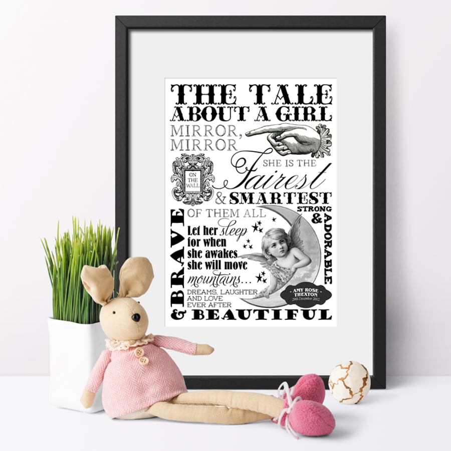 Typography Word Art Personalised Print, gift for baby girl