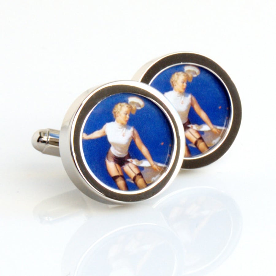 Saucy Vintage Pin Up Cufflinks of a Sailor Girl Losing Her Hat and Skirt