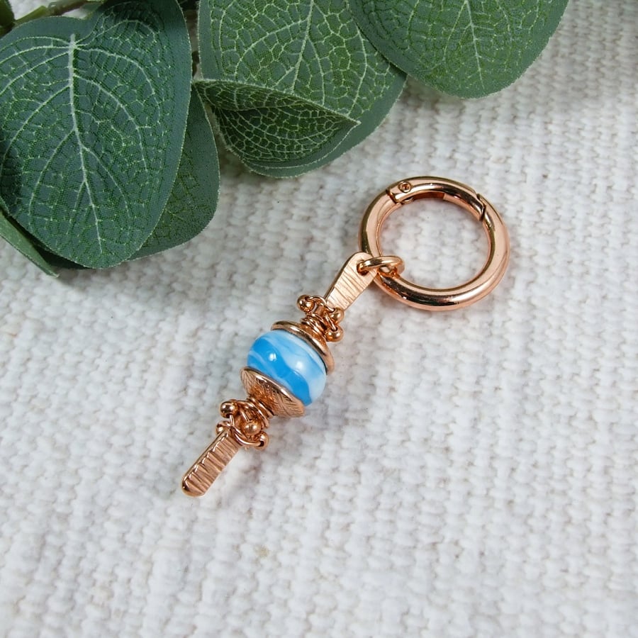 Bag Charm, Copper and Glass Lampwork Bead with Wire Wrapping