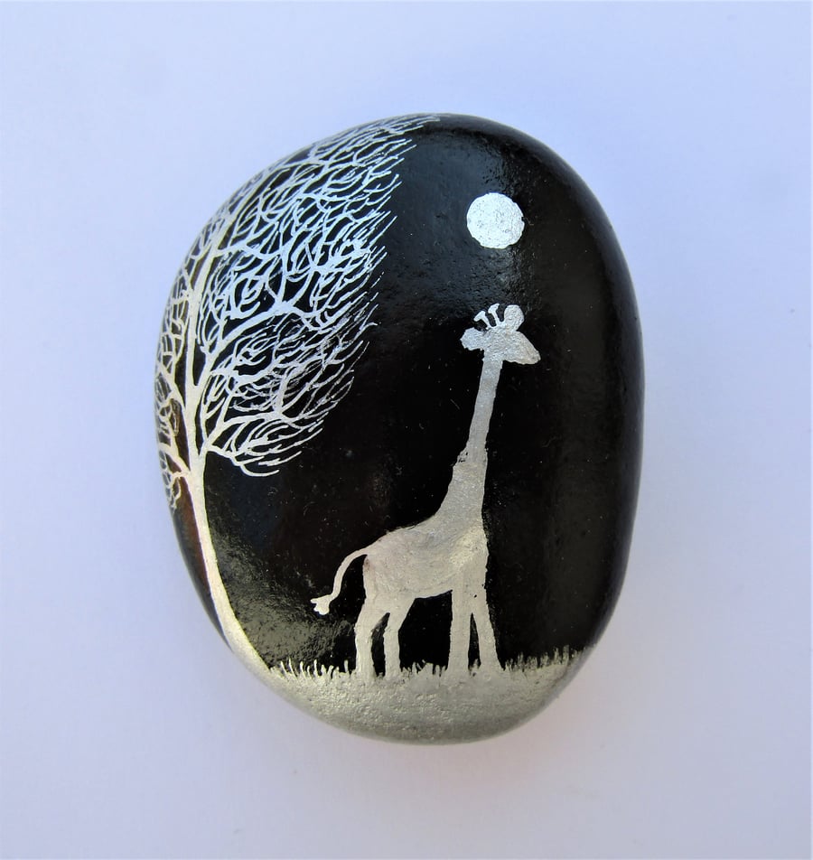 Giraffe Gift, Painted Stone, Animal Art, Rock Painting, Tree Moon Giraffe Pebble