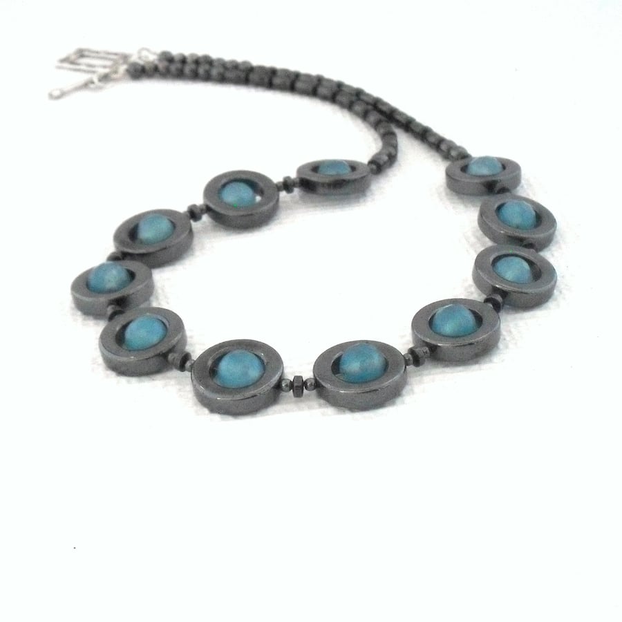 Blue aquamarine & hematite necklace