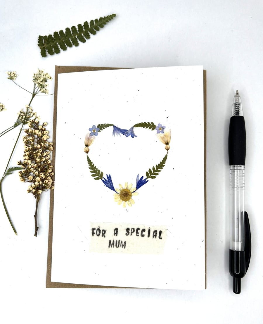Handmade Pressed Flower Mother's Day, Birthday Card, Floral Heart