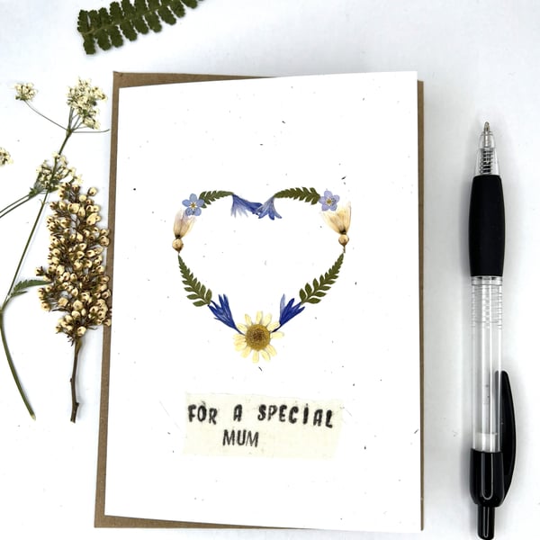 Handmade Pressed Flower Mother's Day, Birthday Card, Floral Heart