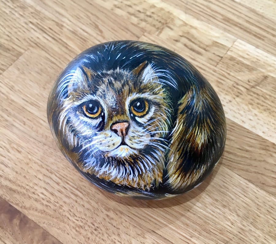 Cat painted pebble garden rock art pet Portrait animal gift