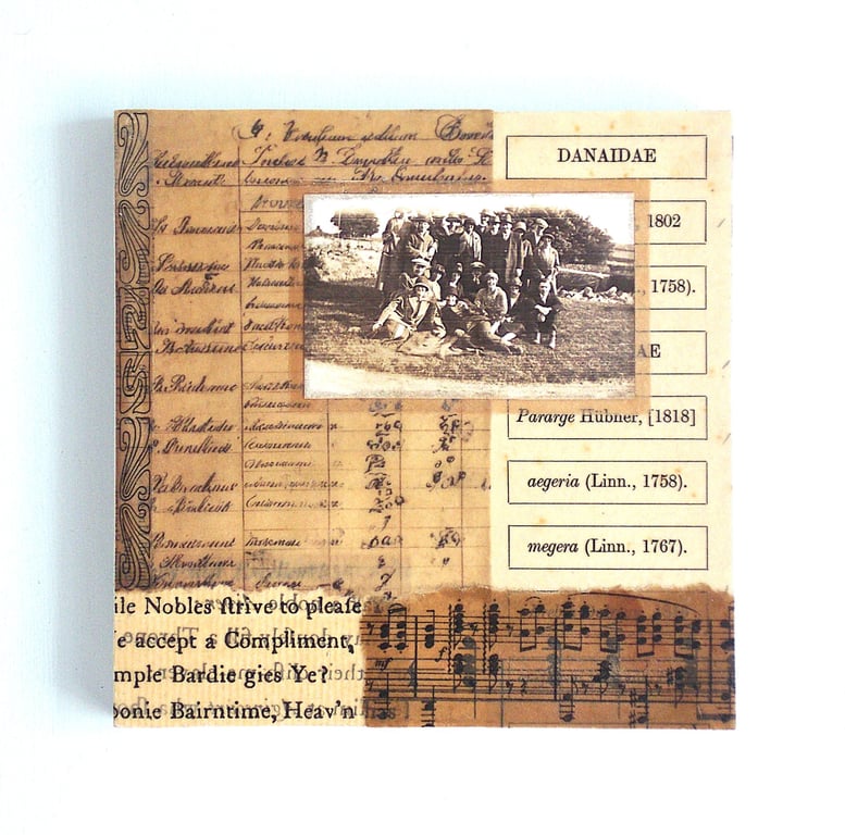 Original Paper Collage on Wood Panel, 12x12cms, Free UK Postage (196)