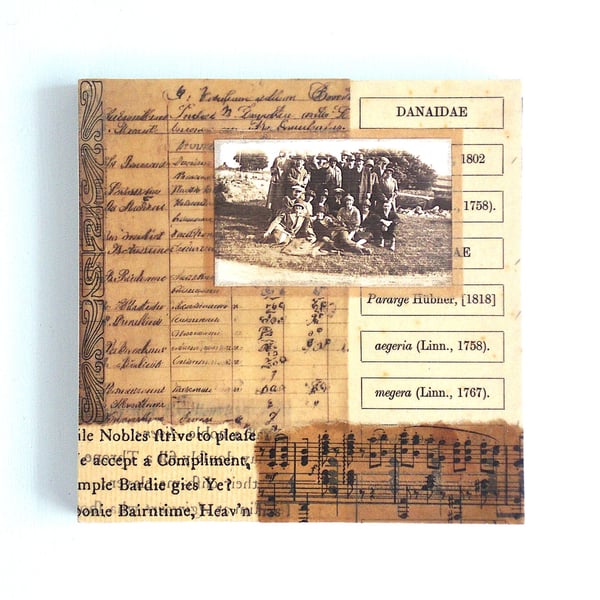 Original Paper Collage on Wood Panel, 12x12cms, Free UK Postage (196)