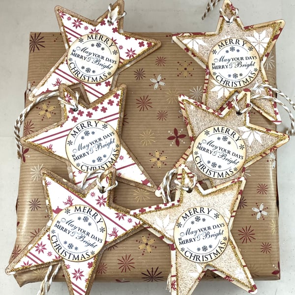 Pack of 6 handmade star shaped Merry Christmas gift tags