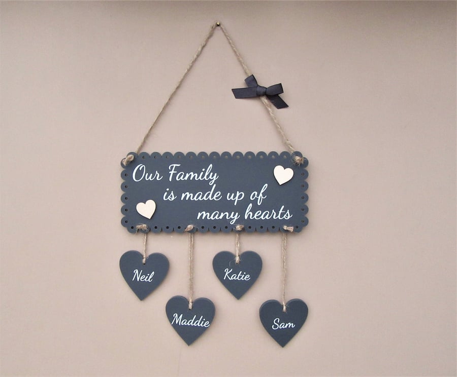 Personalised Family plaque. "Our Family is made up of many hearts" Housewarming 