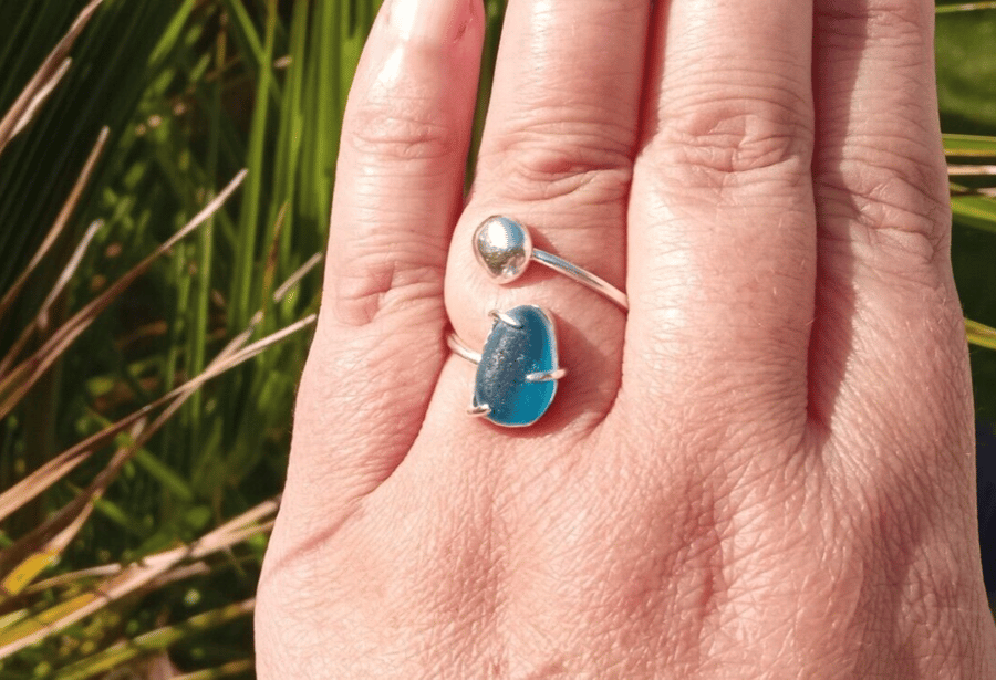 Recycled Sterling Silver & Blue Seaham Multi Seaglass Adjustable Ring