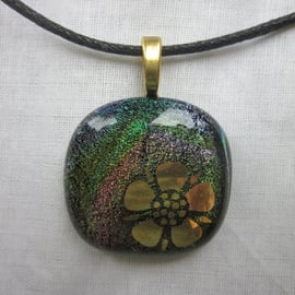 Handmade dichroic glass cabochon pendant - subtle mix with gold Tudor Rose