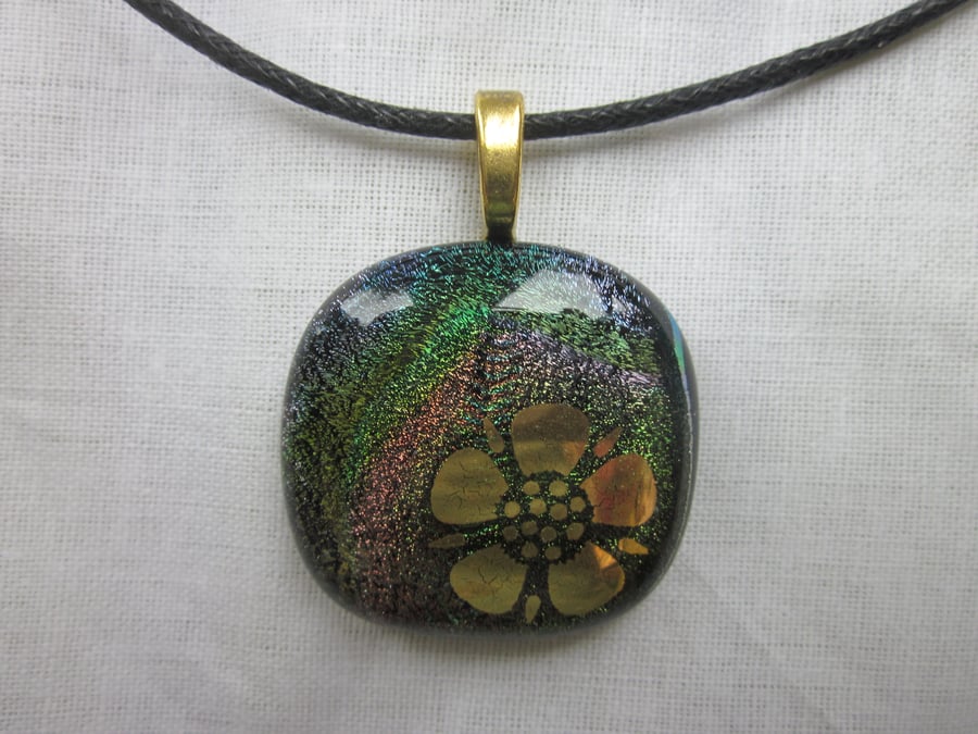 Handmade dichroic glass cabochon pendant - subtle mix with gold Tudor Rose