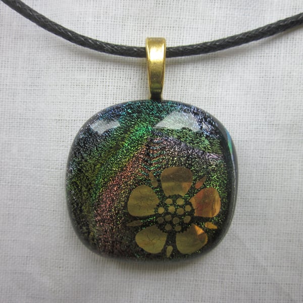 Handmade dichroic glass cabochon pendant - subtle mix with gold Tudor Rose