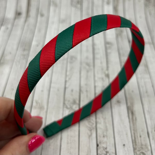 School Hunter Green and Red 1.8cm striped Hairband