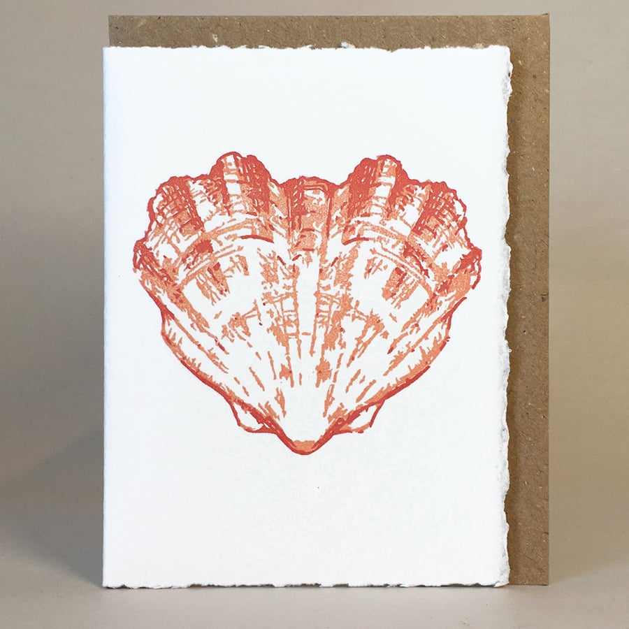 Heart Shaped Scallop Shell - Original Hand Printed LinoCut Card - send some love