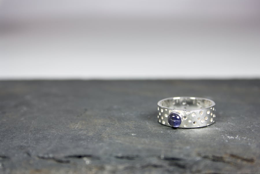 Made by Hand Silver Ring with Lacy Drilled Hole Pattern and 5mm Violet Iolite 