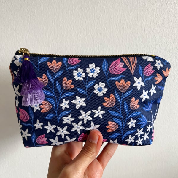 Navy Blue Florals Make Up Bag