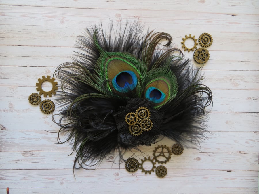 Black Steampunk Peacock Feather Fascinator Hair Clip 