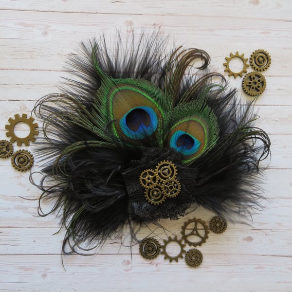 Black Steampunk Peacock Feather Fascinator Hair Clip 