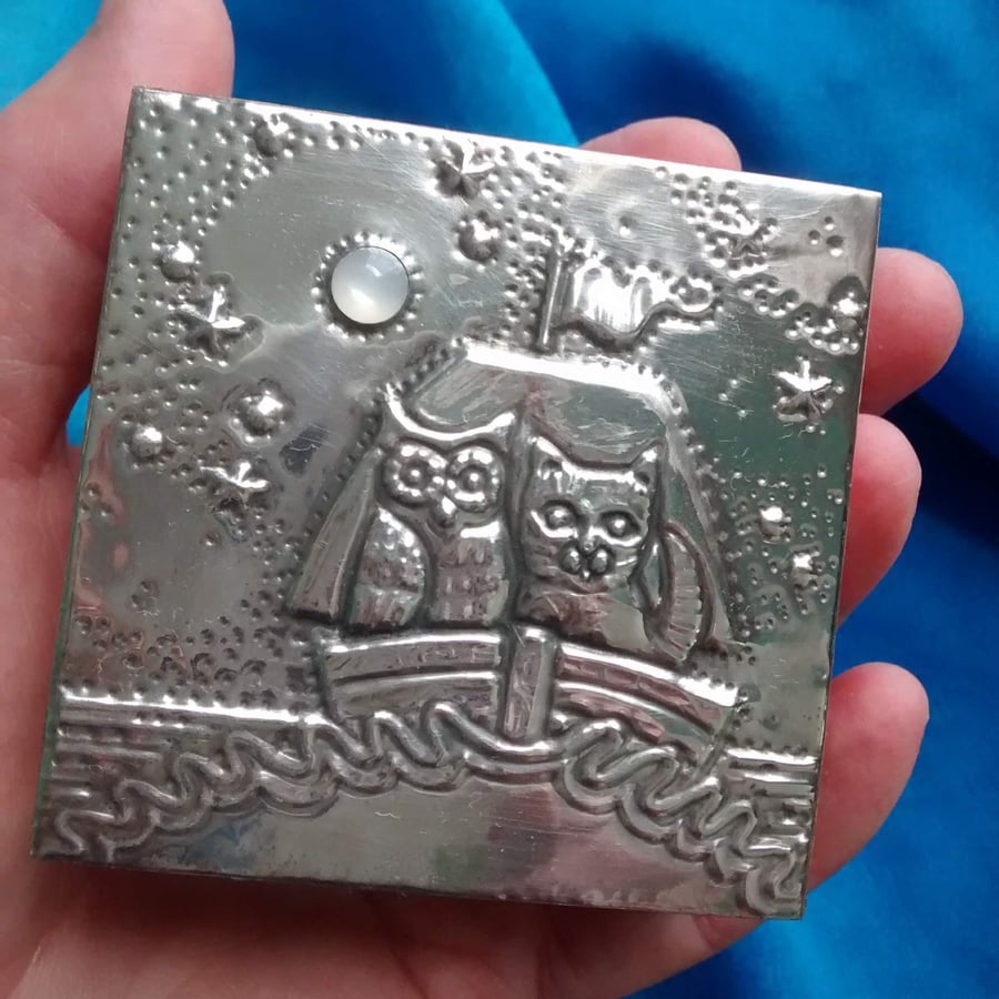 Handmade Pewter Box, the Owl and the Pussycat Design with Milky Moonstone