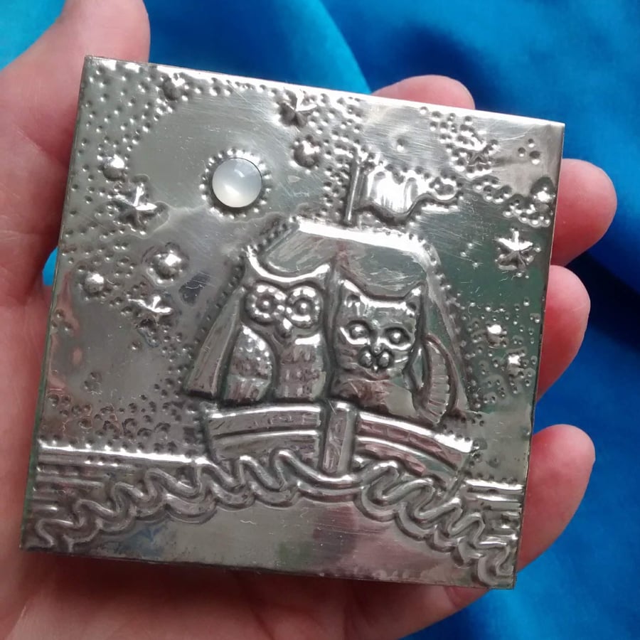 Handmade Pewter Box, the Owl and the Pussycat Design with Milky Moonstone