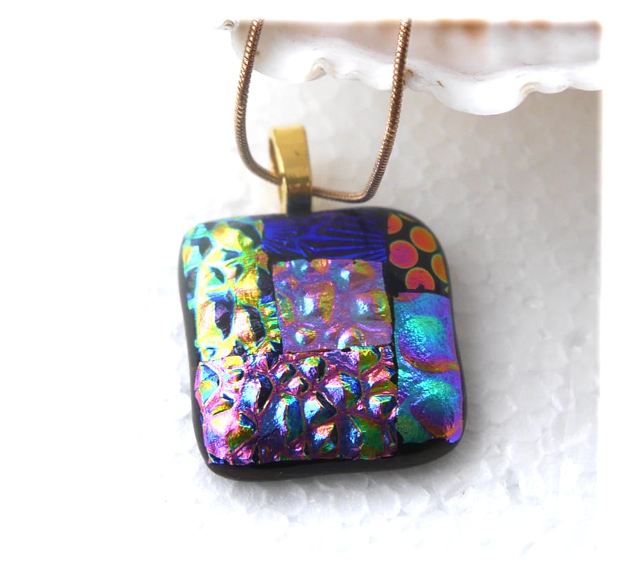 Patchwork Pendant Dichroic Glass P008 Gold plated chain