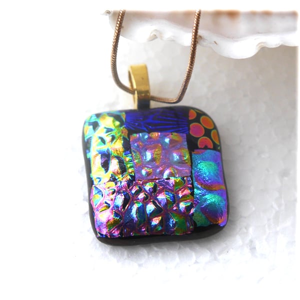 Patchwork Pendant Dichroic Glass P008 Gold plated chain