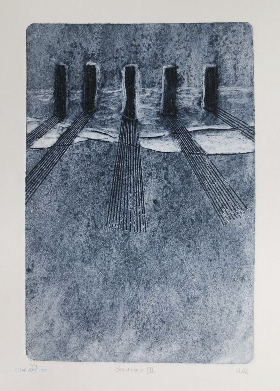Sentries III original collagraph print of sea defences at Bournemouth beach