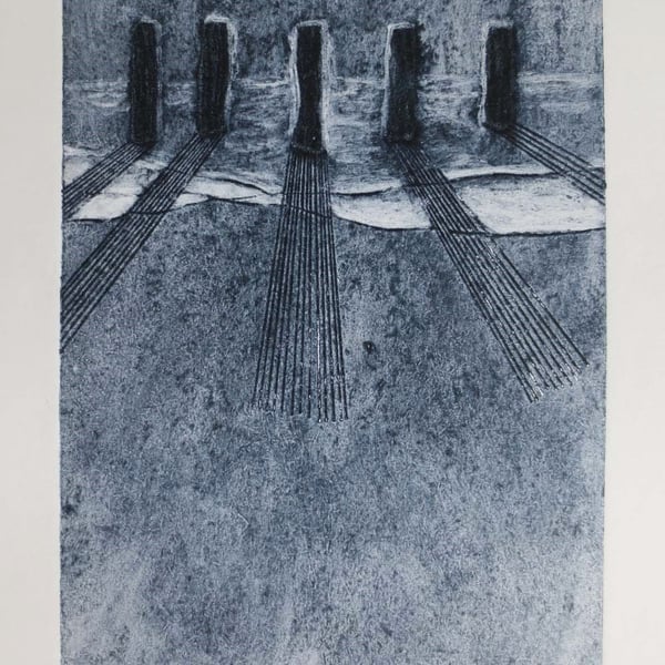 Sentries III original collagraph print of sea defences at Bournemouth beach