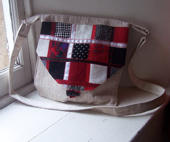 Fabric shoulder bag with patchwork textile flap and toggle fastening