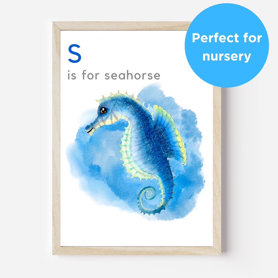 Blue Seahorse Nursery Wall Art Print Under the Sea Marine Life Print