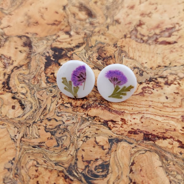 pressed purple flower and greenery stud earrings
