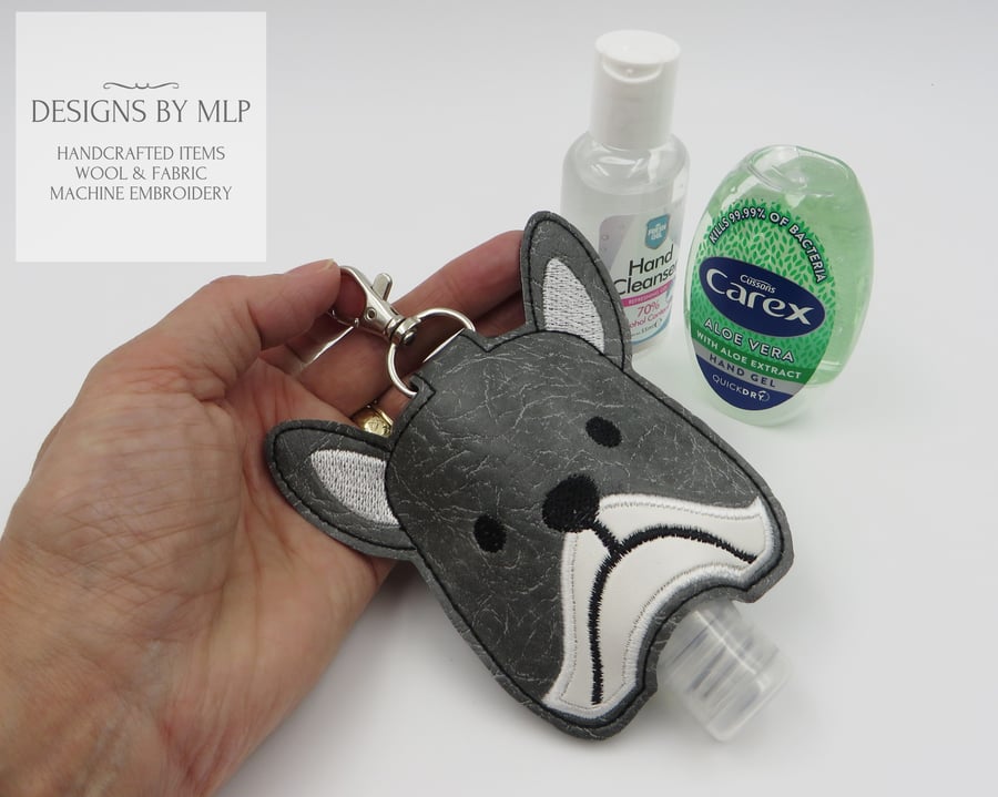 Dog Hand Sanitiser Holder, Embroidered Hand Gel pouch with lobster clasp