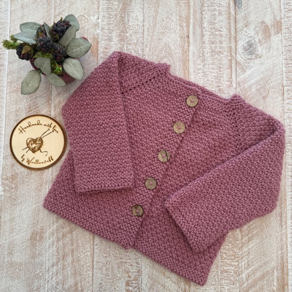 20% OFF Sample Sale Handknitted 'Aster' Aran Baby Cardigan 6-12 months Rose Pink