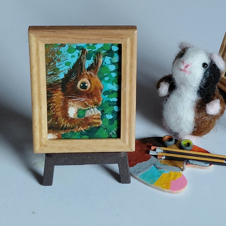 Red Squirrel and the Walnut Miniature Oil Painting