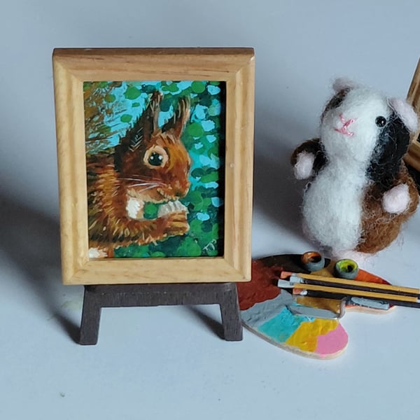 Red Squirrel and the Walnut Miniature Oil Painting