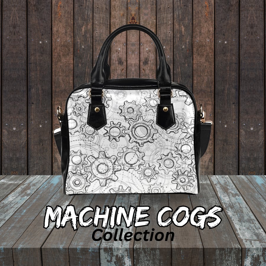 Machine Cogs Artistic Doodle Inspired PU Leather Shoulder Bag.